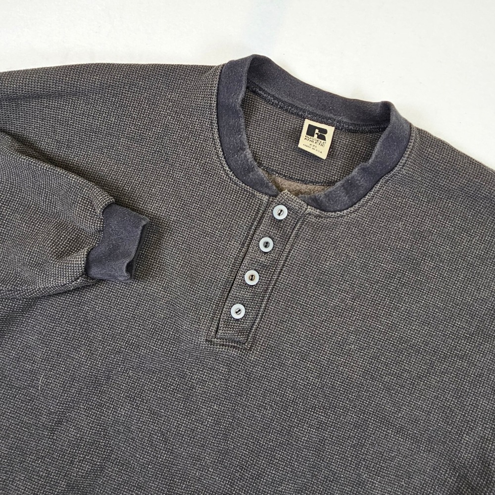 Vintage Russell Athletic Waffle Knit Henley Sweatshirt Charcoal Gray XXL USA